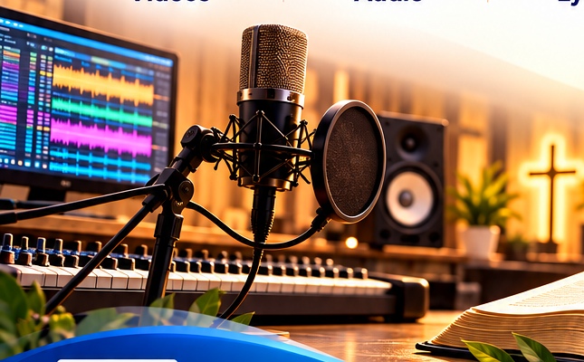 Music Studio with Keyboard, Microphone and Bible